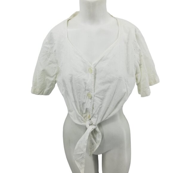 Vintage Tops - Vintage Stefano Cropped Eyelet Lace Tie Front Short Sleeve Blouse Size M Top 90s
